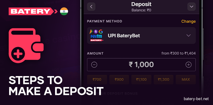 The deposit process at Batery Casino - instructions for Indians