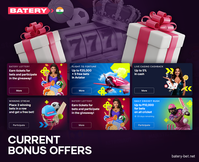 Available bonuses for Indian players Batery