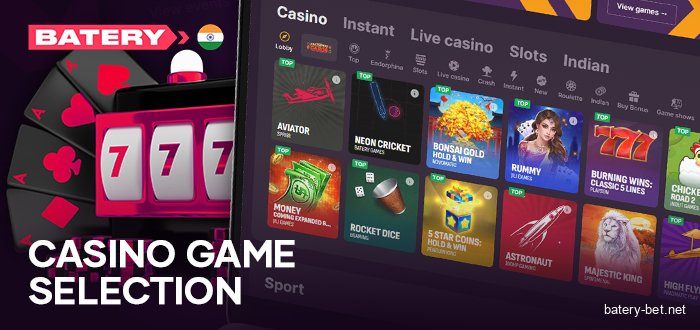 Casino section on the Batery India website