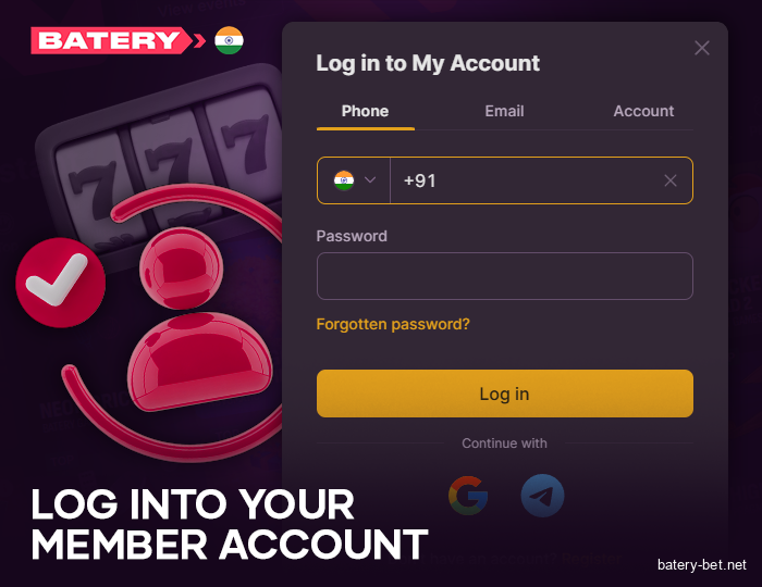 The login process at Batery Casino 